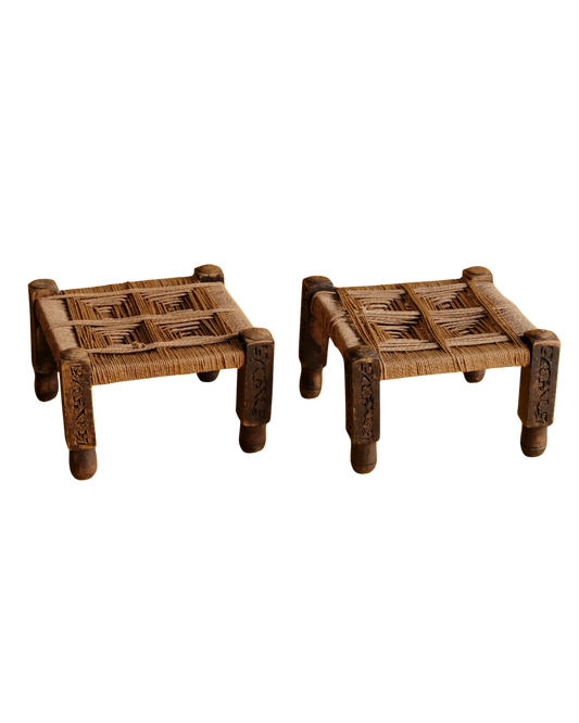 PAIR OF FRENCH HANDMADE WOVEN ROPE STOOLS
