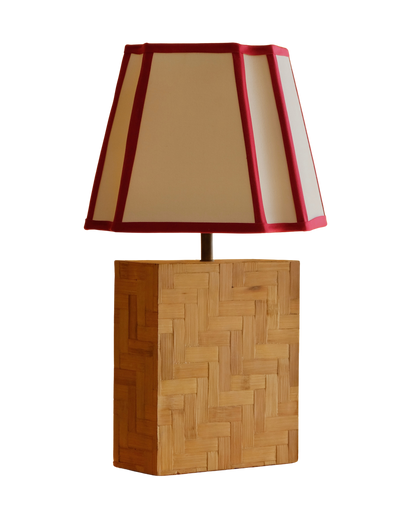 FRENCH BAMBOO BOX TABLE LAMP w. RED TRIM SHADE
