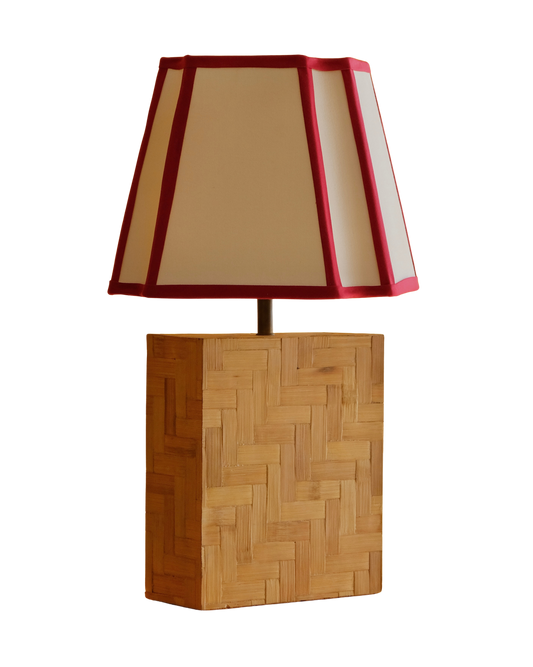 FRENCH BAMBOO BOX TABLE LAMP w. RED TRIM SHADE