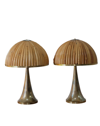 TAPERED BRASS TABLE LAMPS w. BAMBOO SHADE