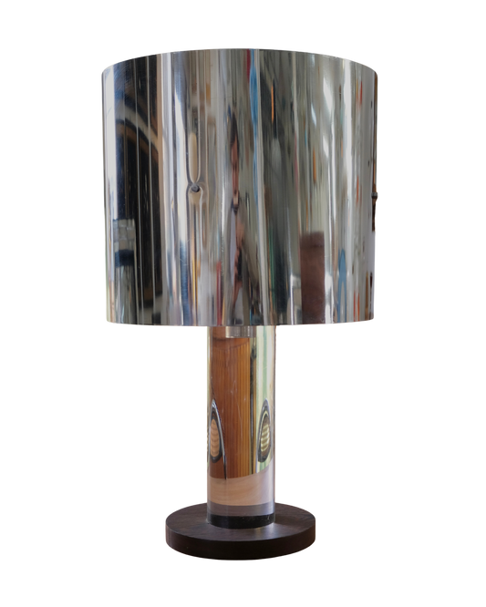 CHROME GUZZINI TABLE LAMP w. WALNUT & LUCITE BASE