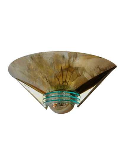 BRASS SAUCER WALL LIGHTS w. GLASS DISCS