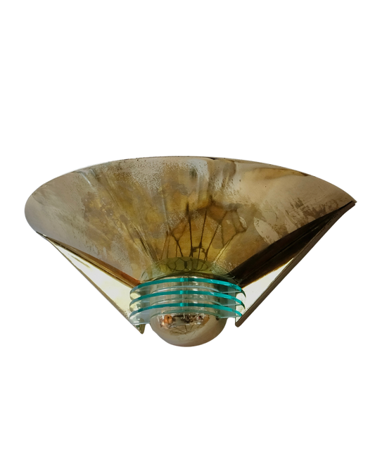 BRASS SAUCER WALL LIGHTS w. GLASS DISCS