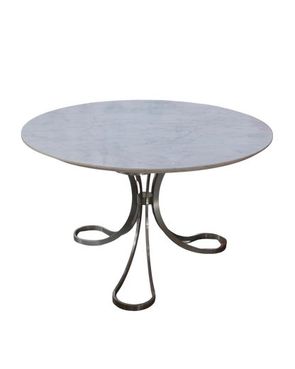 STAINLESS STEEL TRIPOD DINING TABLE w.  MARBLE TOP