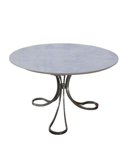 STAINLESS STEEL TRIPOD DINING TABLE w.  MARBLE TOP