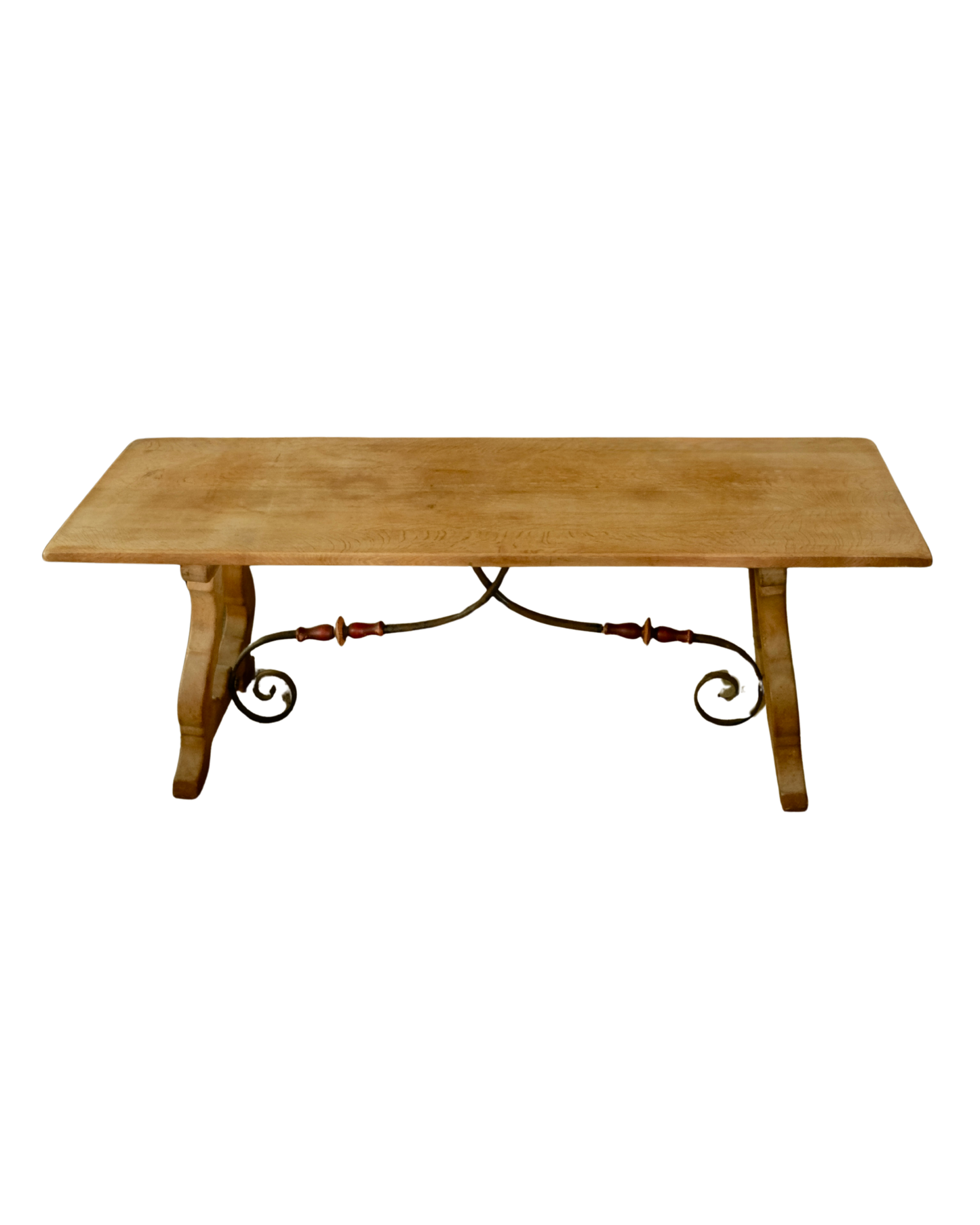 SPANISH OAK DINING TABLE w. PAINTED WROUGHT IRON BRACE
