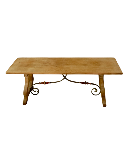 SPANISH OAK DINING TABLE w. PAINTED WROUGHT IRON BRACE