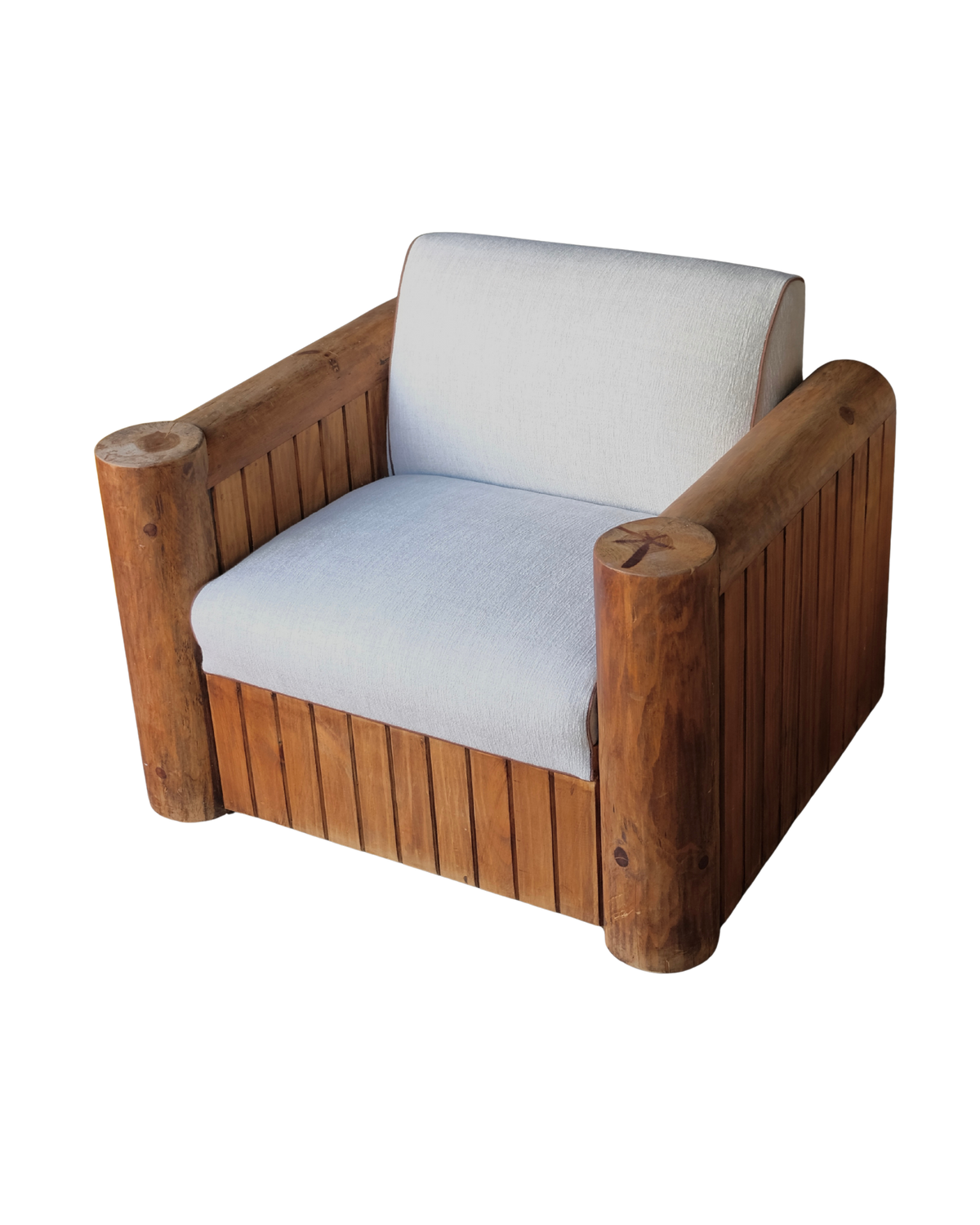 TWO MEXICAN TIMBER LOUNGE SET w. MARIA FLORA ASH UPHOLSTERY