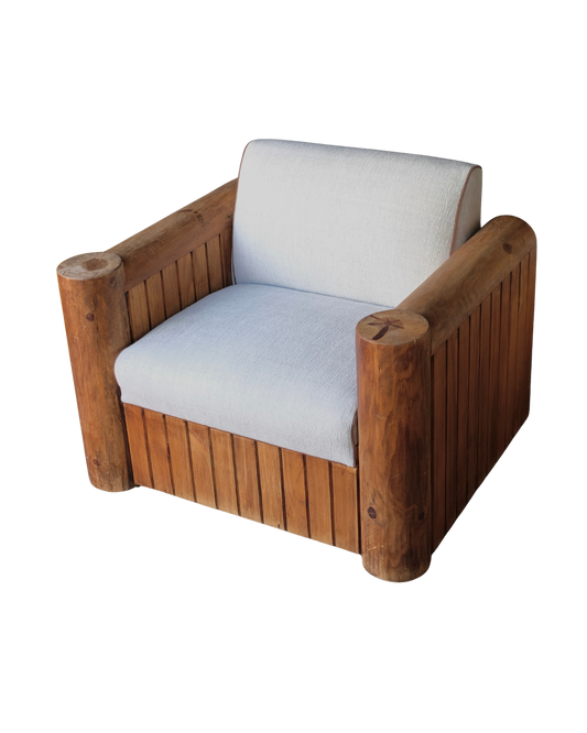 TWO MEXICAN TIMBER LOUNGE SET w. MARIA FLORA ASH UPHOLSTERY