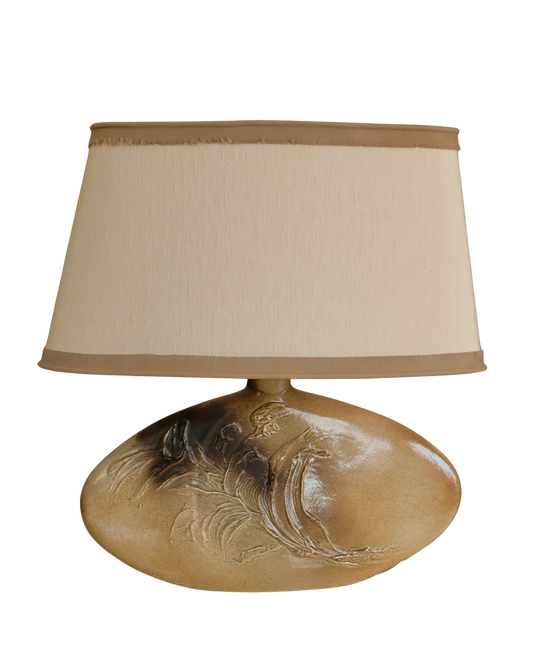 PAIR OF CERAMIC REED TABLE LAMPS w. LEATHER TRIM SHADE