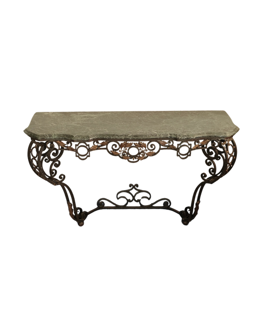 ARCHED WROUGHT IRON WALL MOUNTED CONSOLE w. MARBLE TOP