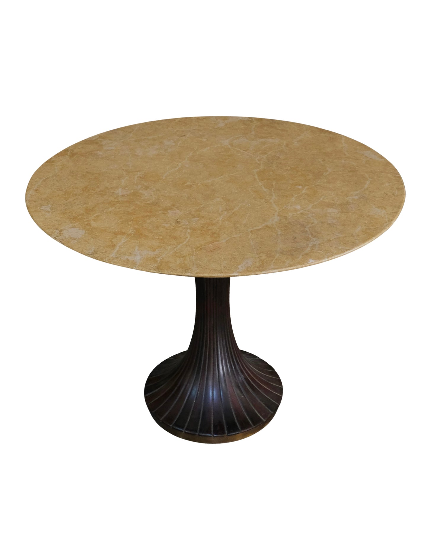 BRASS LINED WALNUT PEDESTAL TABLE w. MARBLE TOP