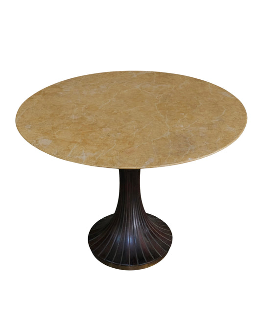 BRASS LINED WALNUT PEDESTAL TABLE w. MARBLE TOP