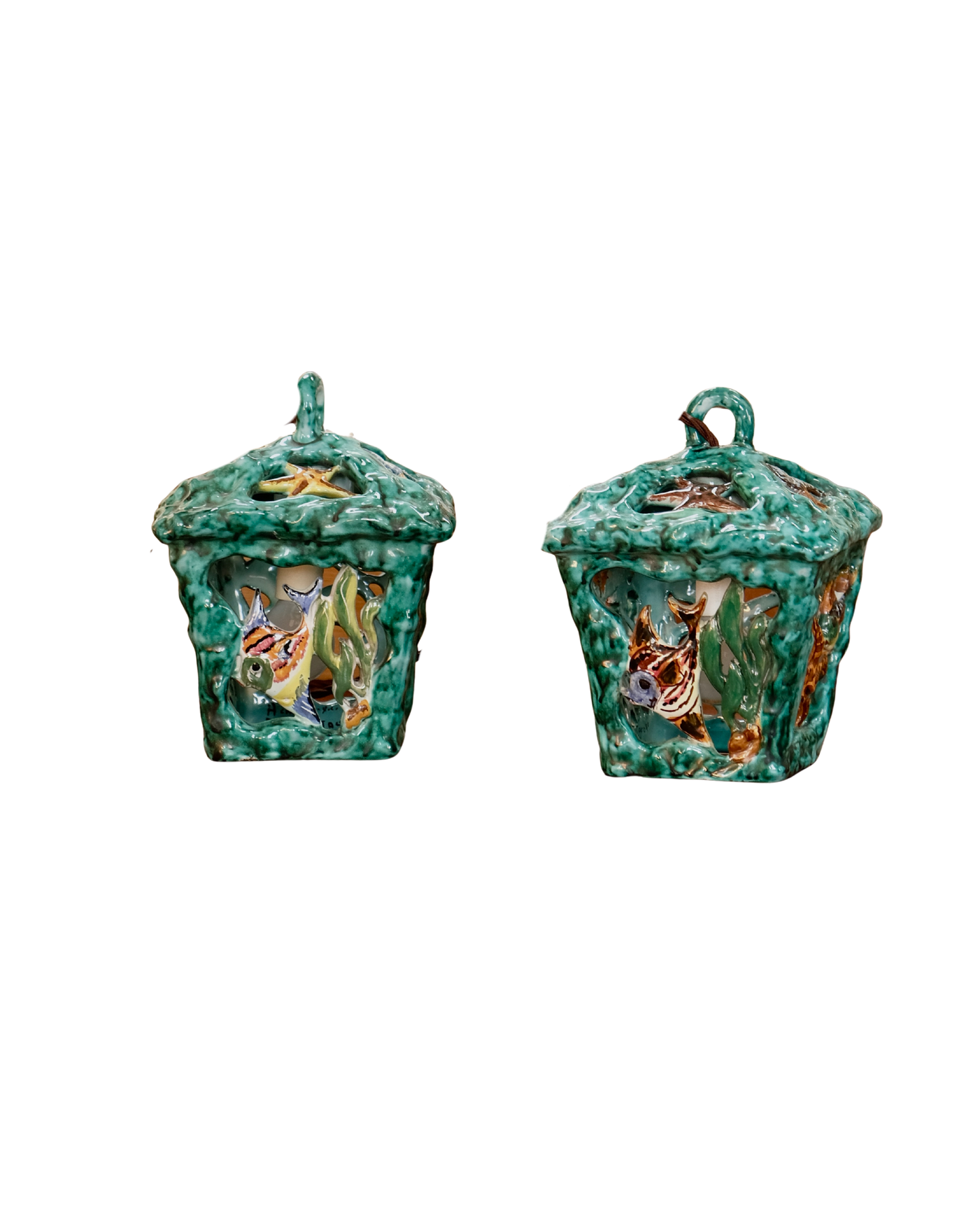 PAIR OF CERAMIC MAJOLICA SEA LIFE LANTERNS