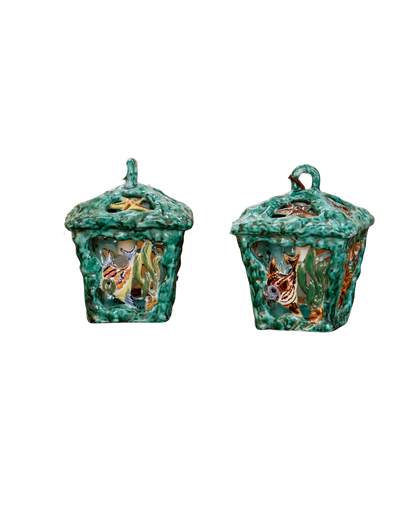 PAIR OF CERAMIC MAJOLICA SEA LIFE LANTERNS