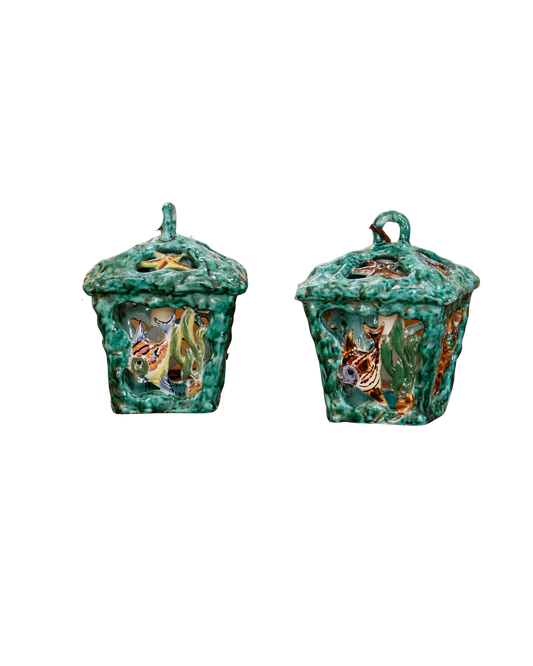 PAIR OF CERAMIC MAJOLICA SEA LIFE LANTERNS