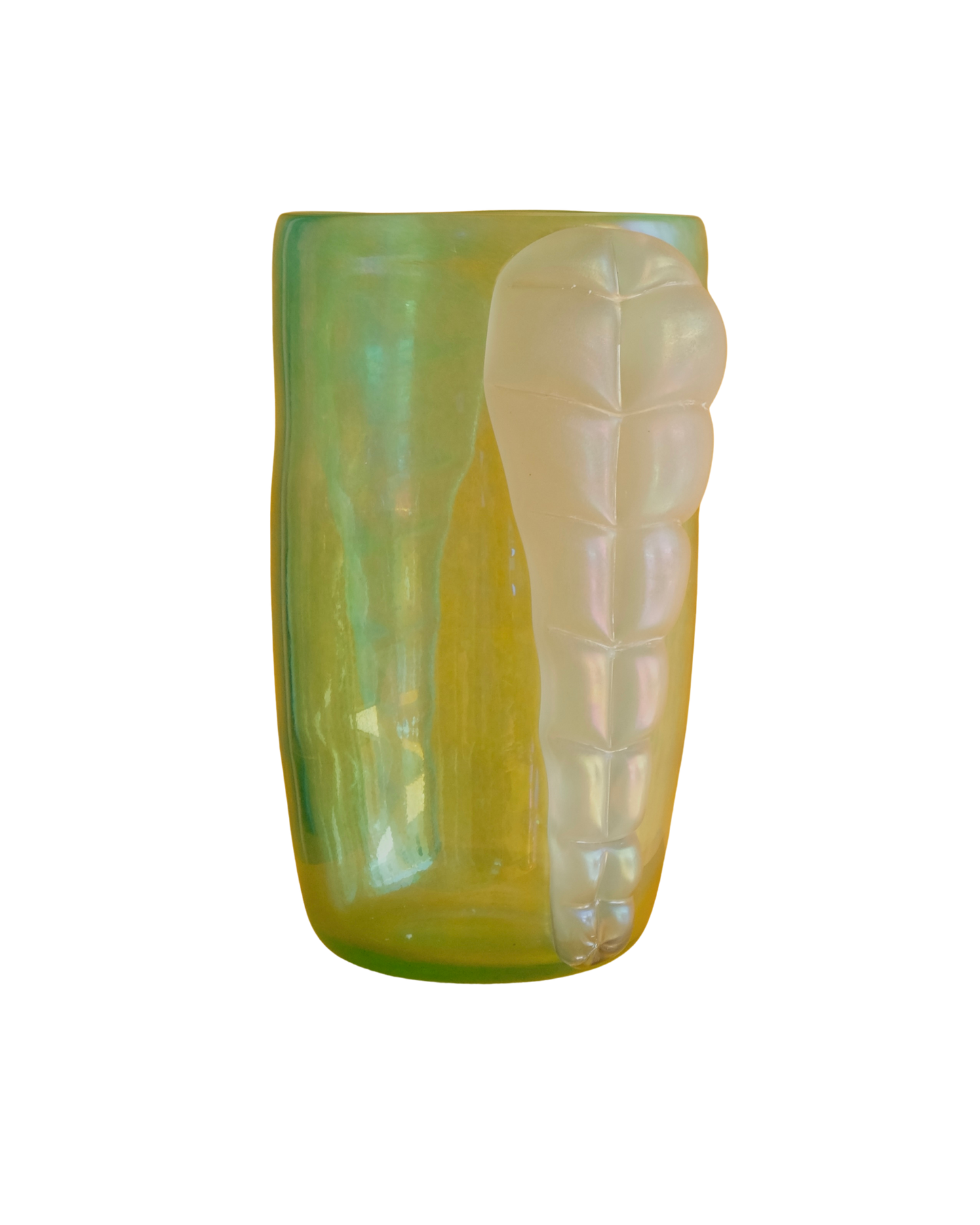 GREEN IRIDESCENT MURANO GLASS VASE w. TWIN LEAF DETAIL