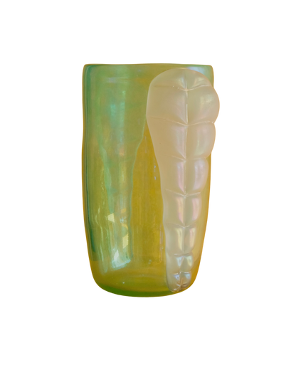 GREEN IRIDESCENT MURANO GLASS VASE w. TWIN LEAF DETAIL