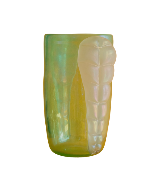 GREEN IRIDESCENT MURANO GLASS VASE w. TWIN LEAF DETAIL