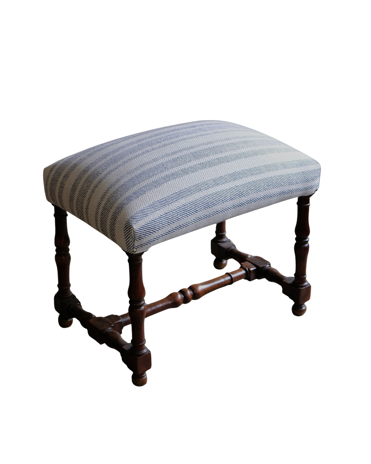PAIR OF SPANISH WALNUT OTTOMANS w. BLUE STRIPE UPHOLSTERY