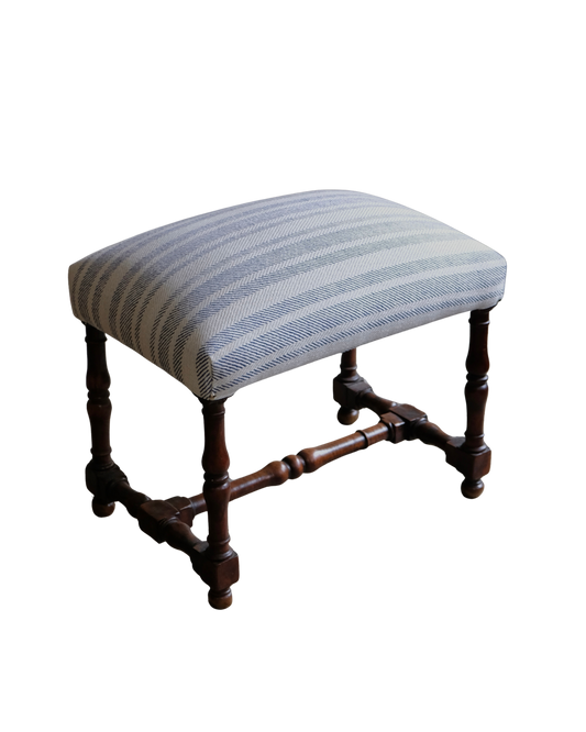 PAIR OF SPANISH WALNUT OTTOMANS w. BLUE STRIPE UPHOLSTERY