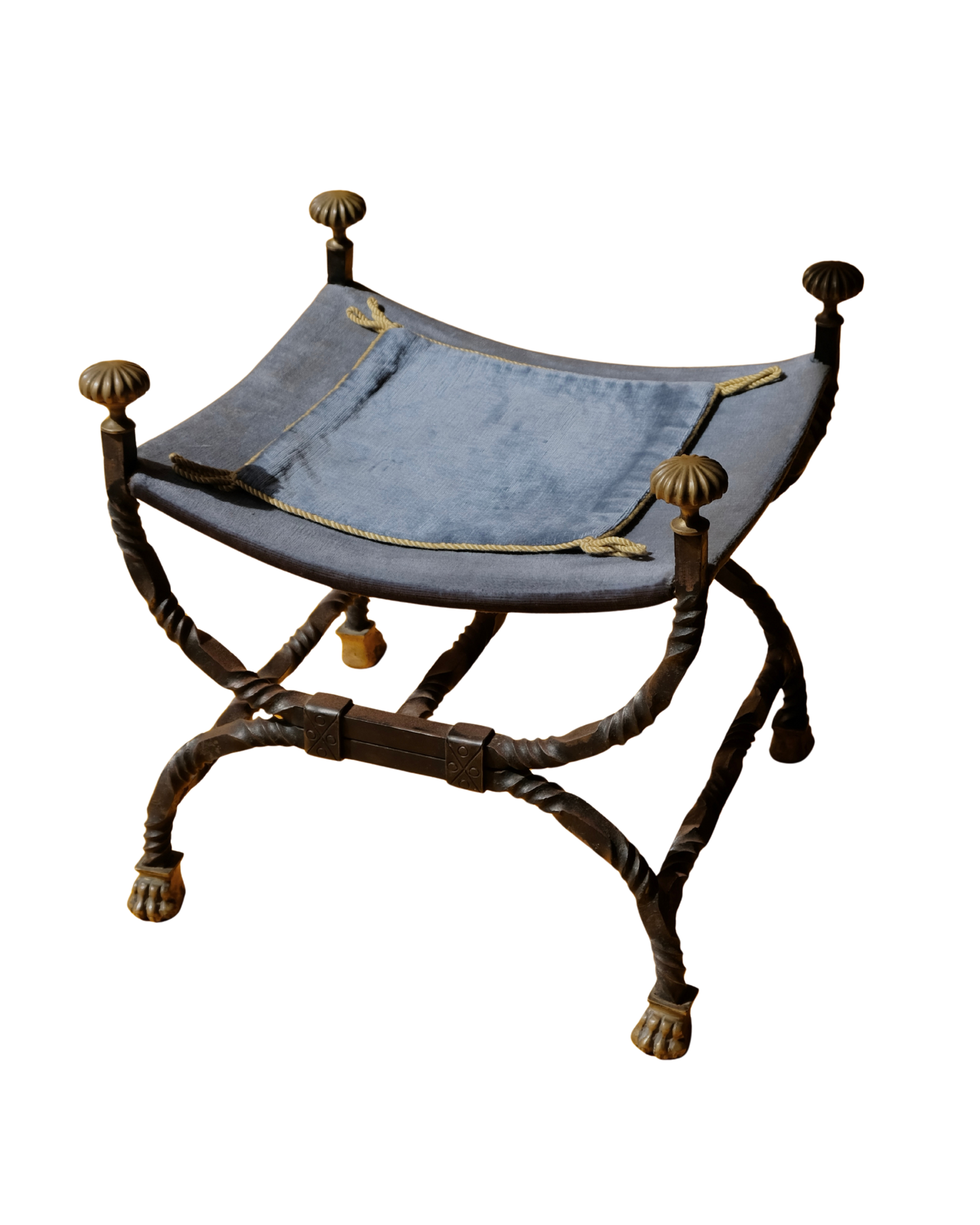 TWISTED WROUGHT IRON CURULE STOOL w. BRASS DETAIL