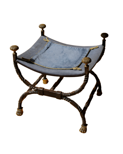 TWISTED WROUGHT IRON CURULE STOOL w. BRASS DETAIL
