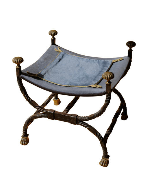TWISTED WROUGHT IRON CURULE STOOL w. BRASS DETAIL