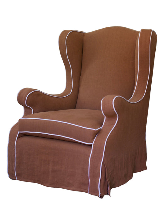 BROWN PLEATED LINEN CHAIRS w. WHITE PIPING