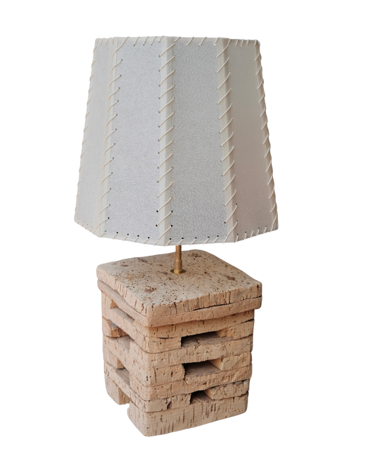 PAIR OF TIERED CORK TABLE LAMPS w. PANELLED PARCHMENT SHADES